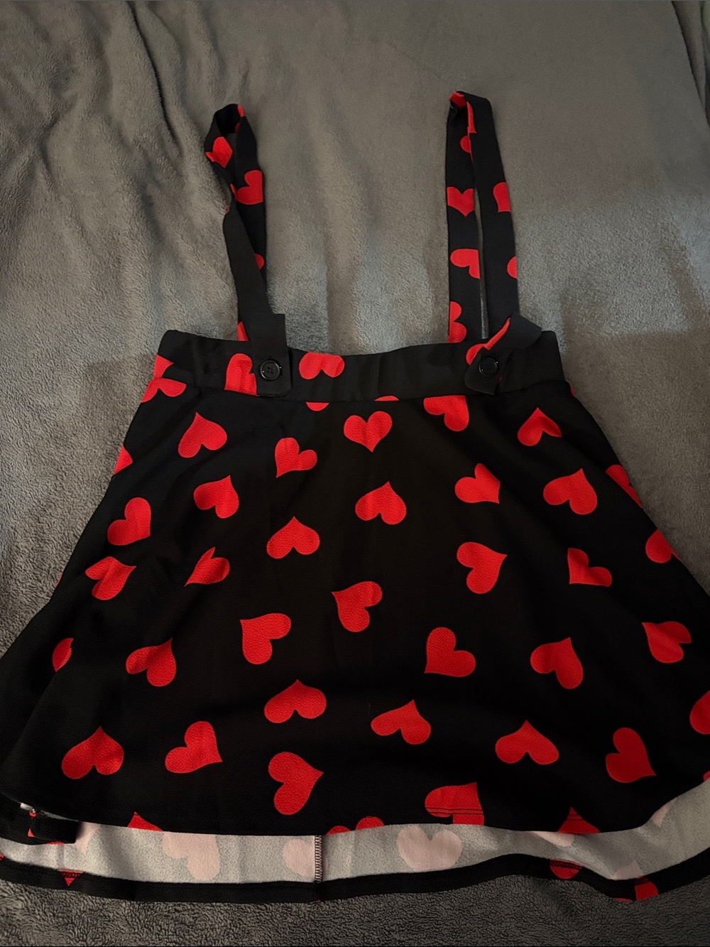 Black Mini Skirt overalls with Red Heart Print and Straps